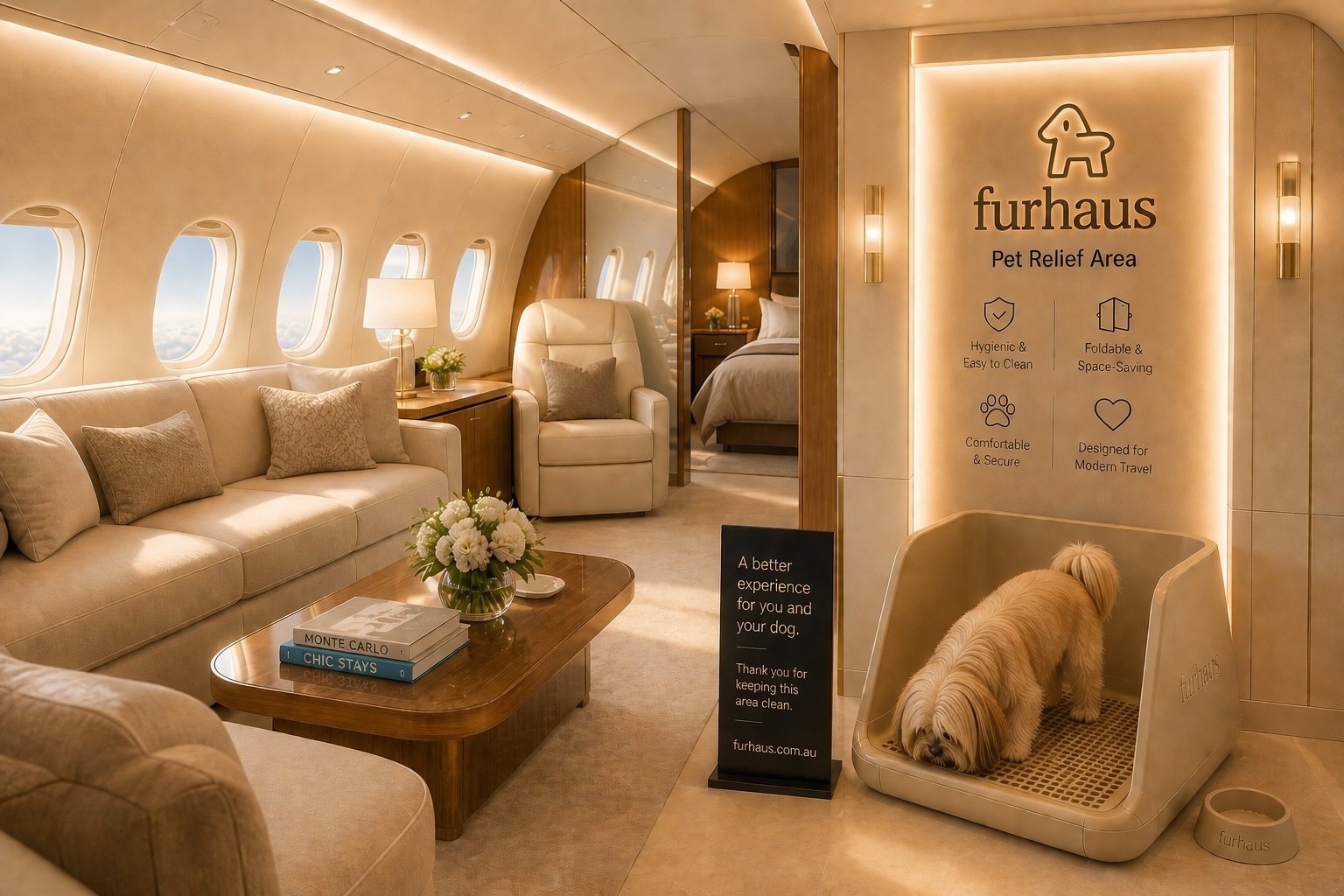 Furhaus Pet Relief Area inside a private jet cabin